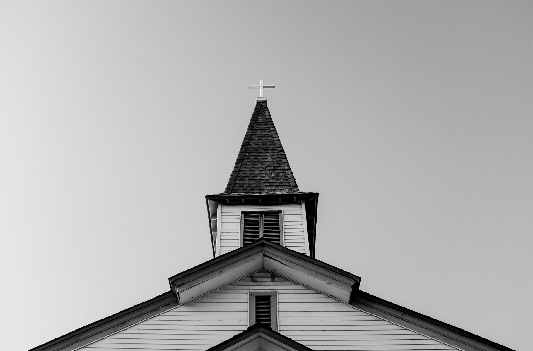 Top of Church with Cross in Black and White