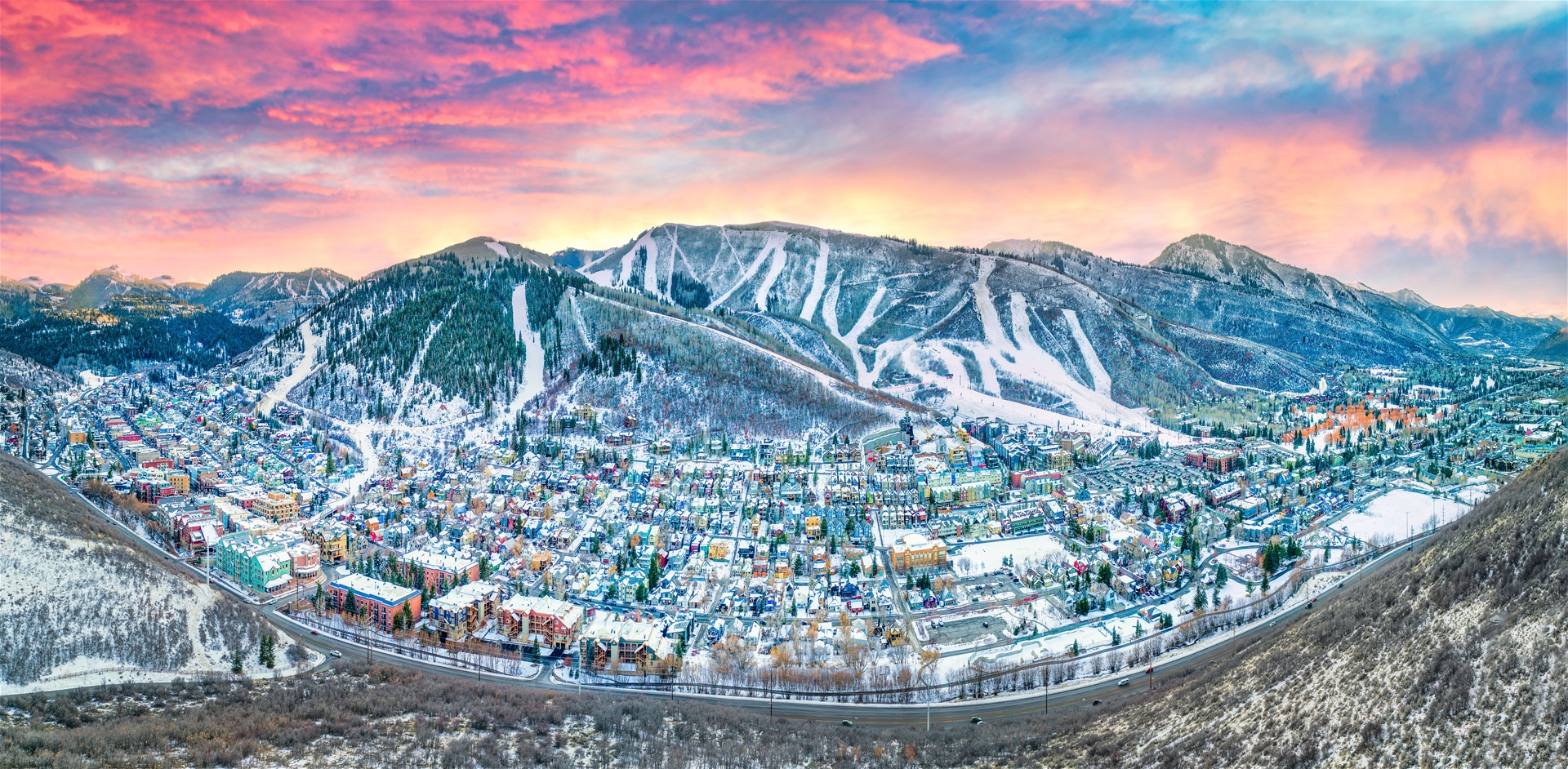 Park City, Utah, Downtown aerial shot during Winter